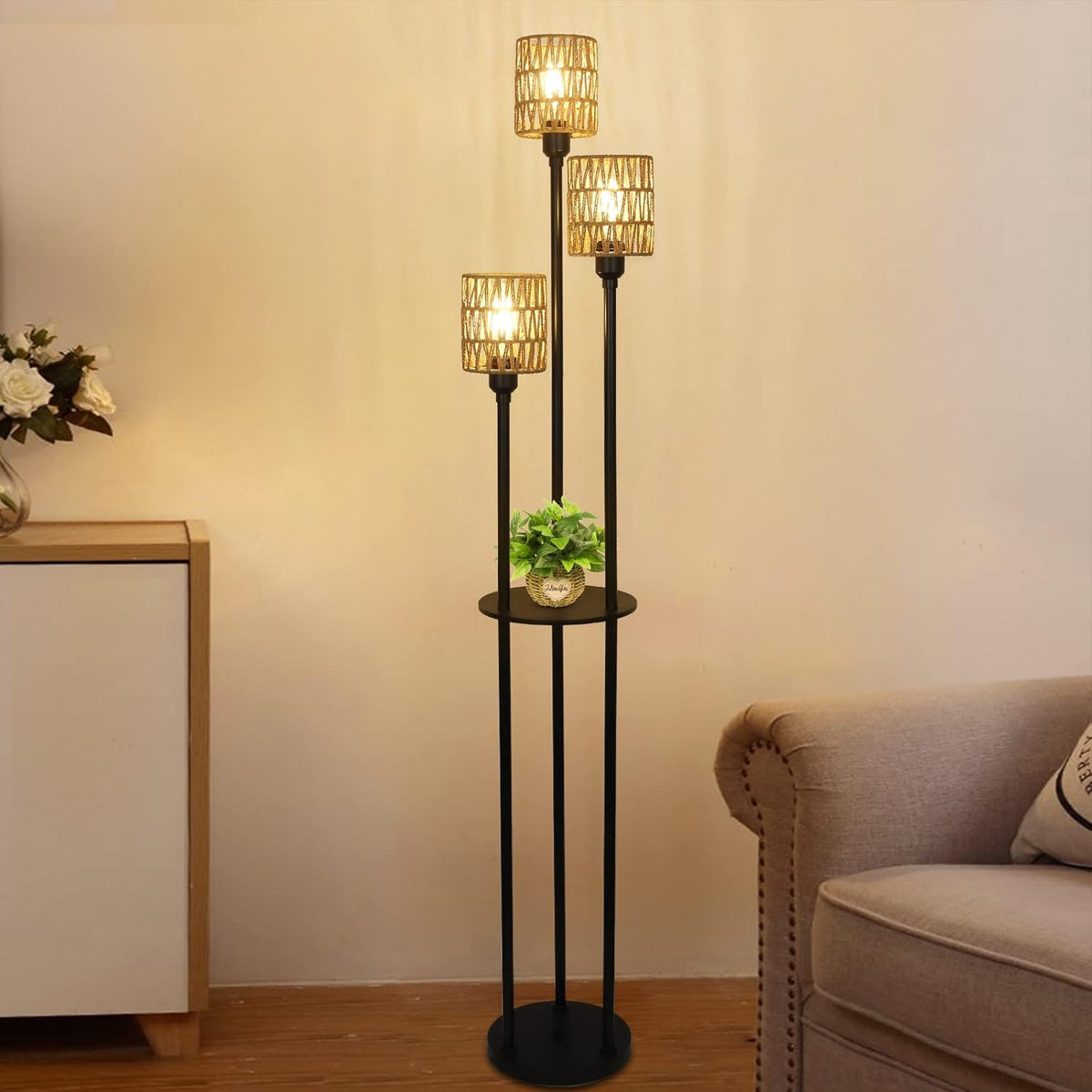 Boho Farmhouse Floor Lamp with Shelves and Rattan Shades