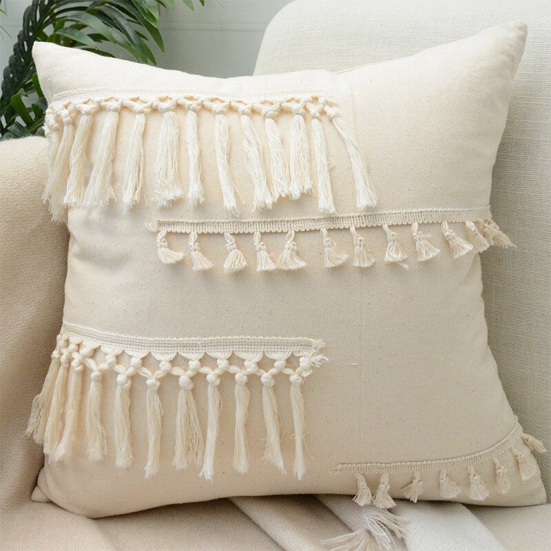 Beige and White Tassel Macrame Cushion Cover 45x45cm