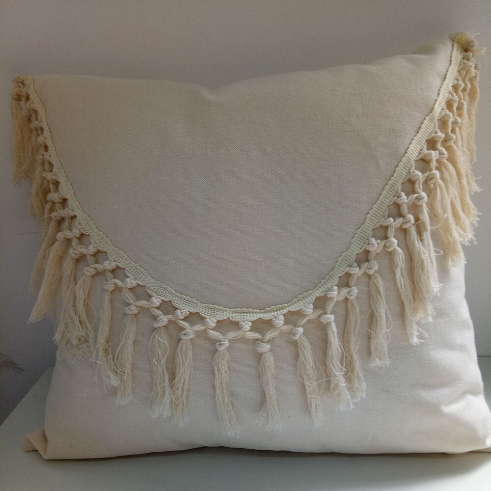 Beige and White Tassel Macrame Cushion Cover 45x45cm