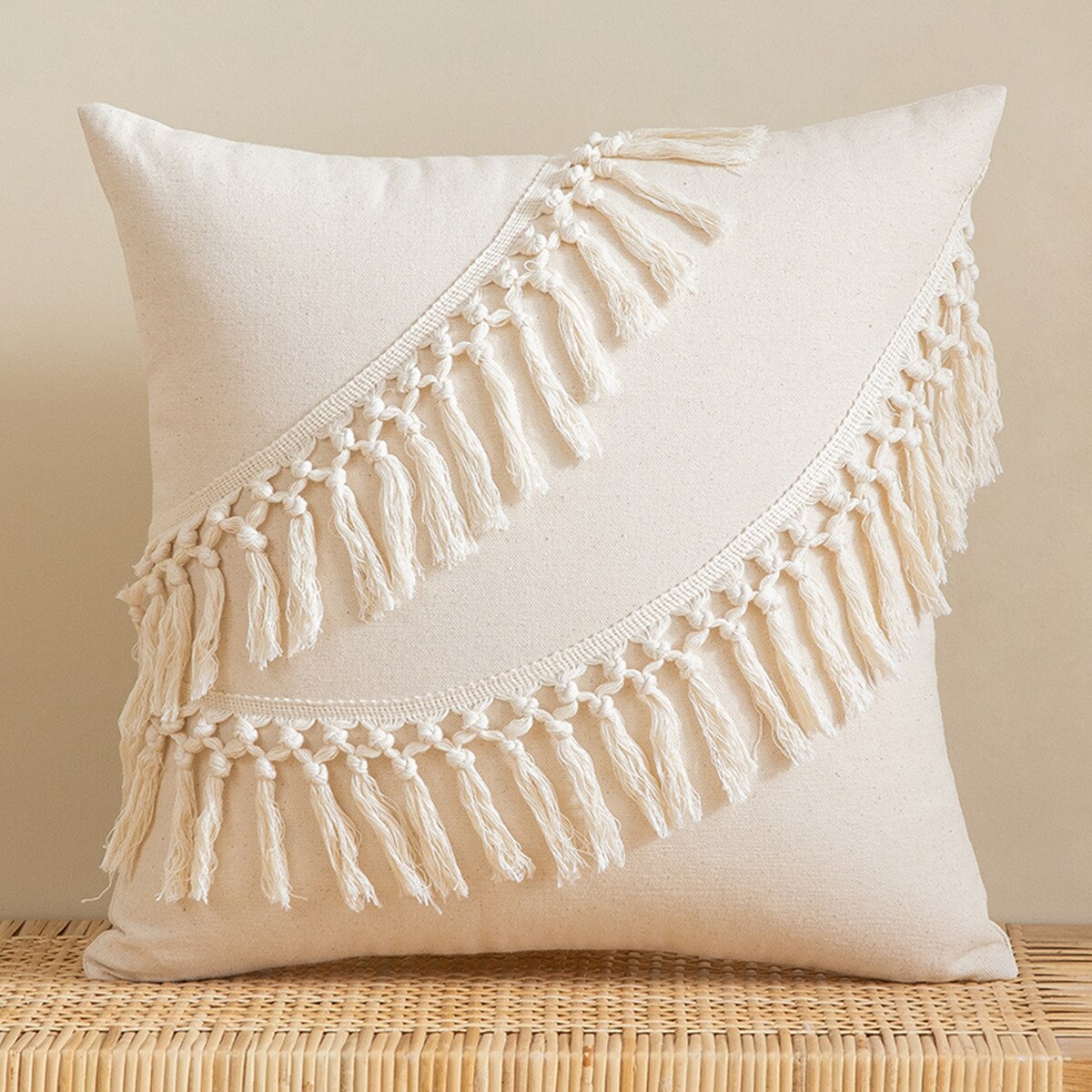 Beige and White Tassel Macrame Cushion Cover 45x45cm