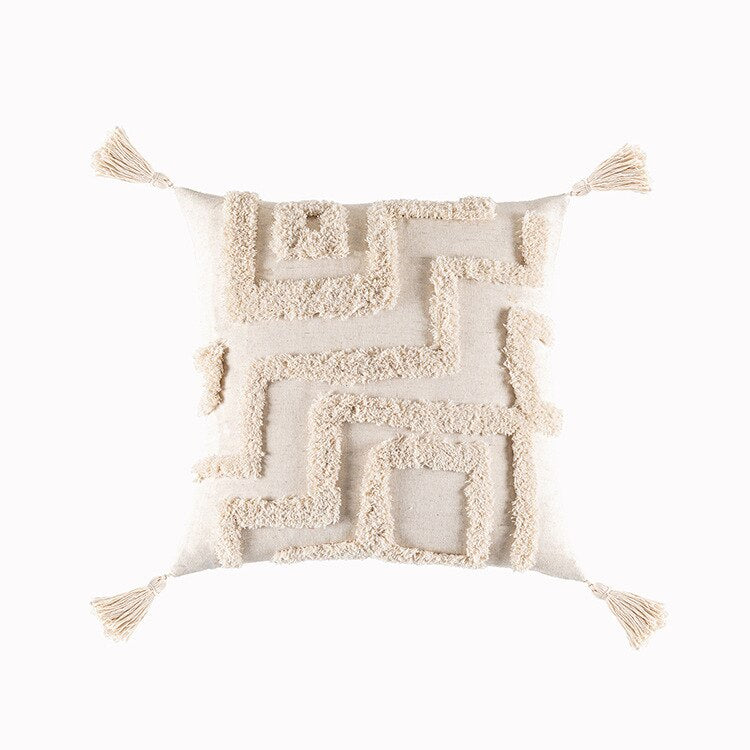 Beige and White Tassel Macrame Cushion Cover 45x45cm