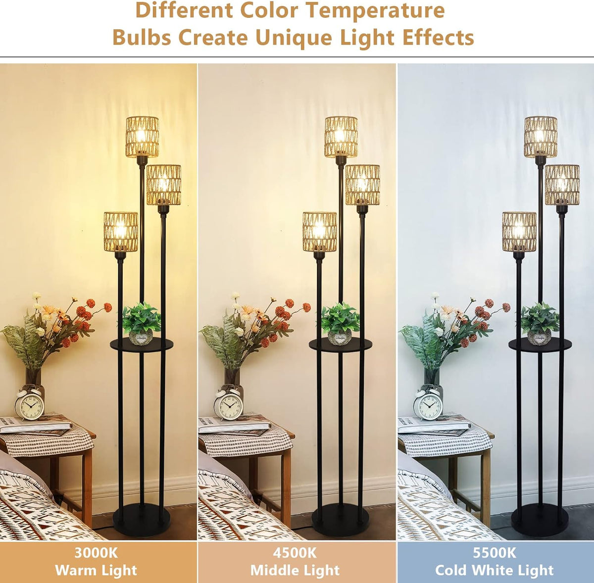 Boho Farmhouse Floor Lamp with Shelves and Rattan Shades