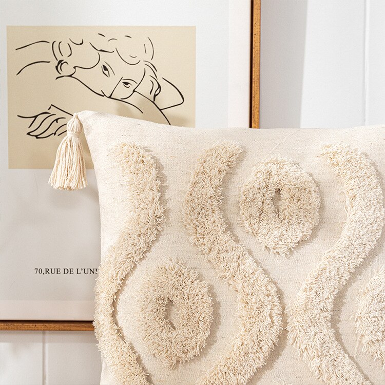 Beige and White Tassel Macrame Cushion Cover 45x45cm