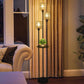 Boho Farmhouse Floor Lamp with Shelves and Rattan Shades
