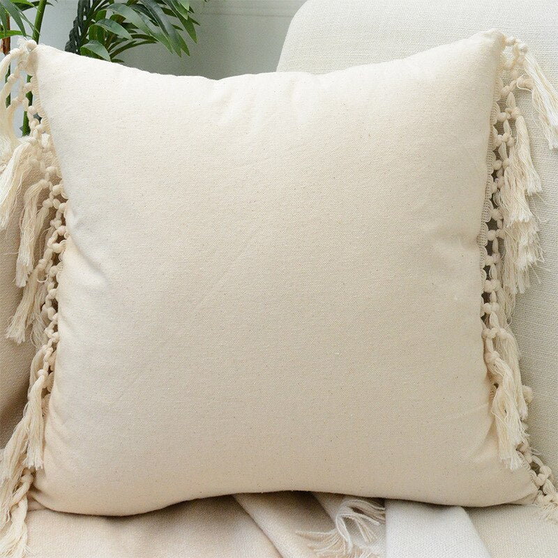 Beige and White Tassel Macrame Cushion Cover 45x45cm