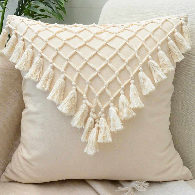 Beige and White Tassel Macrame Cushion Cover 45x45cm