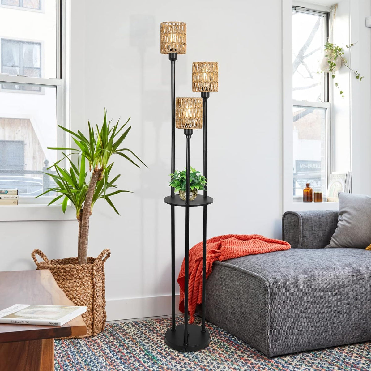 Boho Farmhouse Floor Lamp with Shelves and Rattan Shades