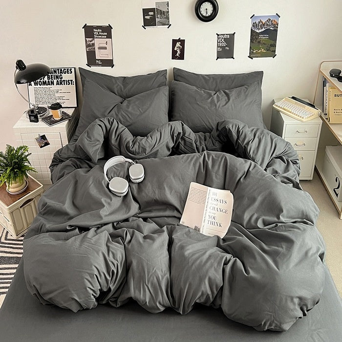 Washed Cotton Solid Color Four Piece Bedding Set