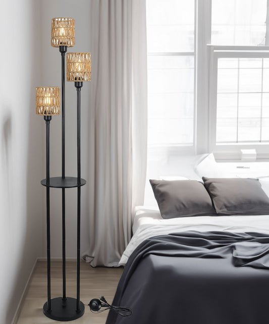 Boho Farmhouse Floor Lamp with Shelves and Rattan Shades
