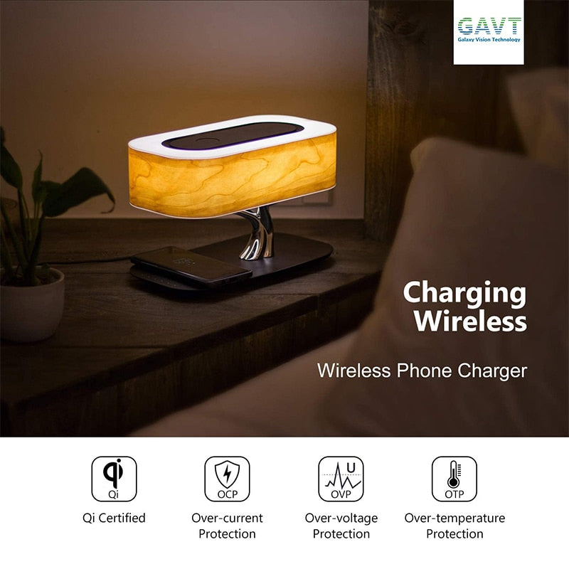 Modern LED Bedside Table Lamp with Bluetooth Speaker and Wireless Charger