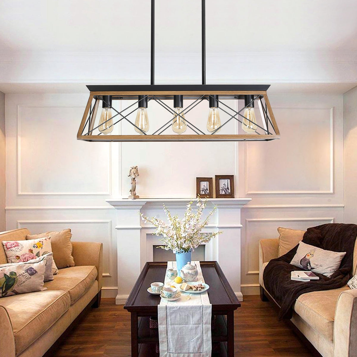 Walnut Farmhouse Chandelier with 5 Bulbs