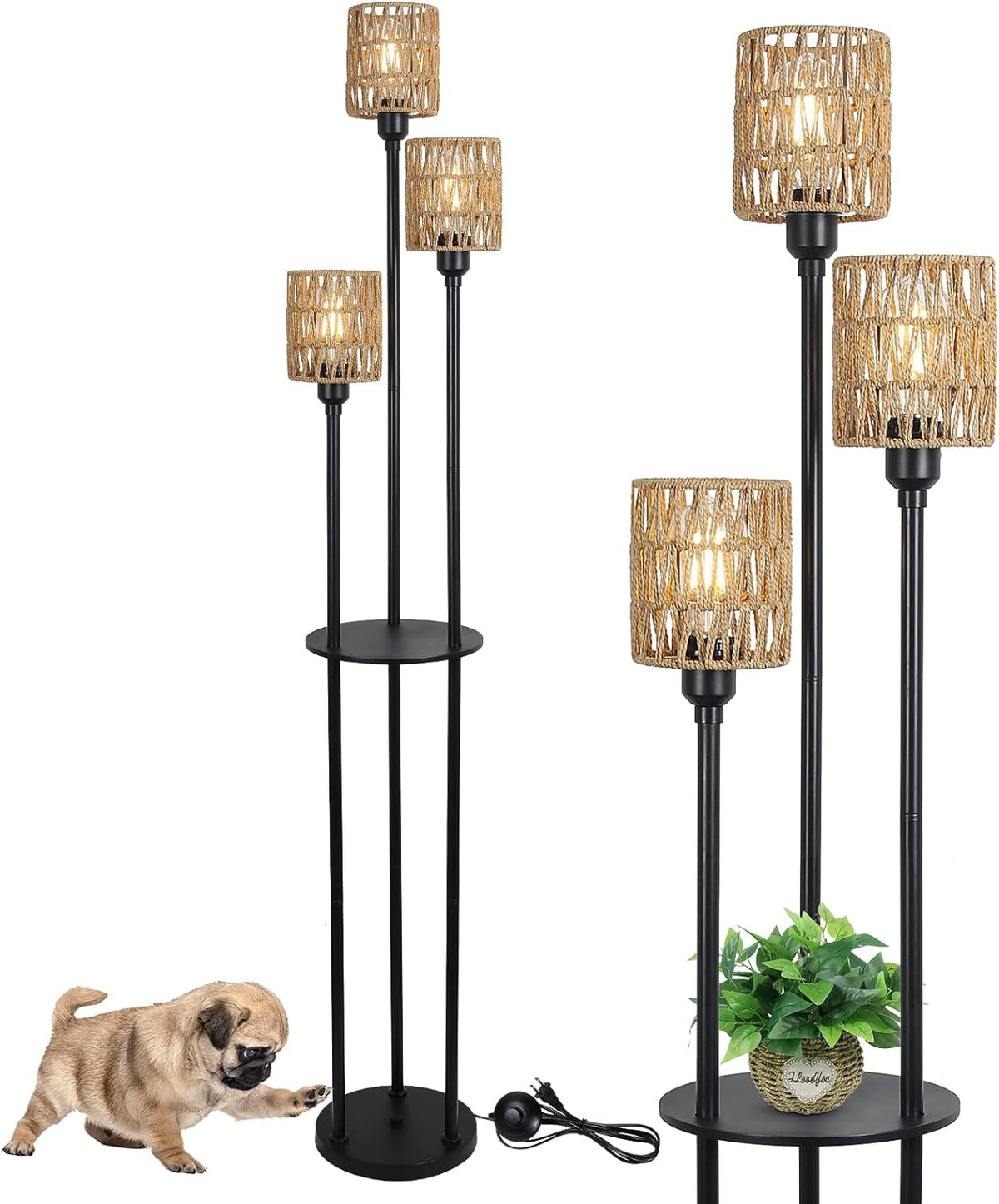 Boho Farmhouse Floor Lamp with Shelves and Rattan Shades