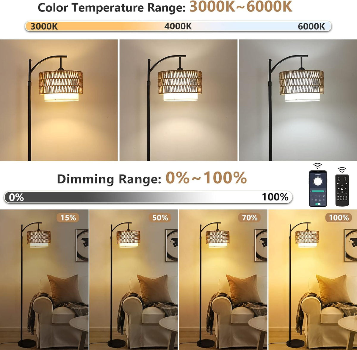 Farmhouse Arc Floor Lamp with Remote and Dimmable Bulb