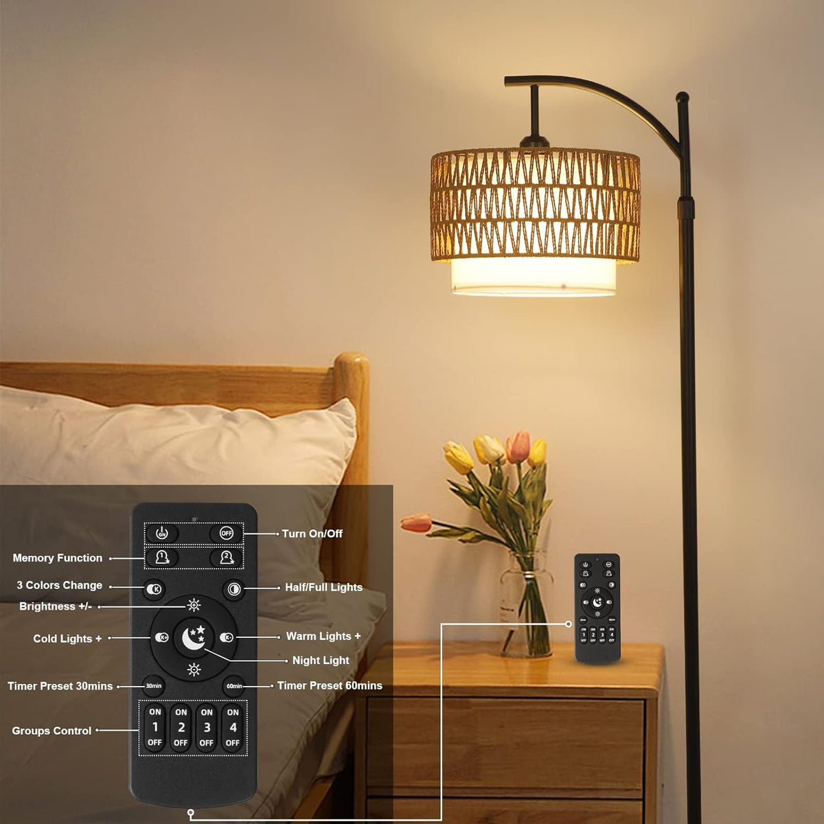 Farmhouse Arc Floor Lamp with Remote and Dimmable Bulb
