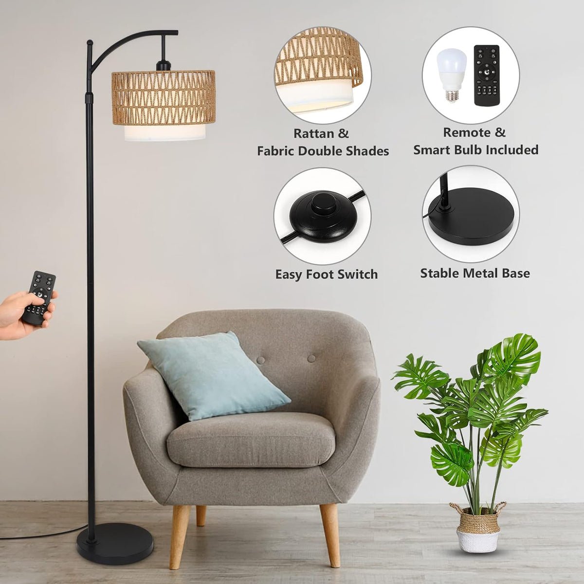 Farmhouse Arc Floor Lamp with Remote and Dimmable Bulb