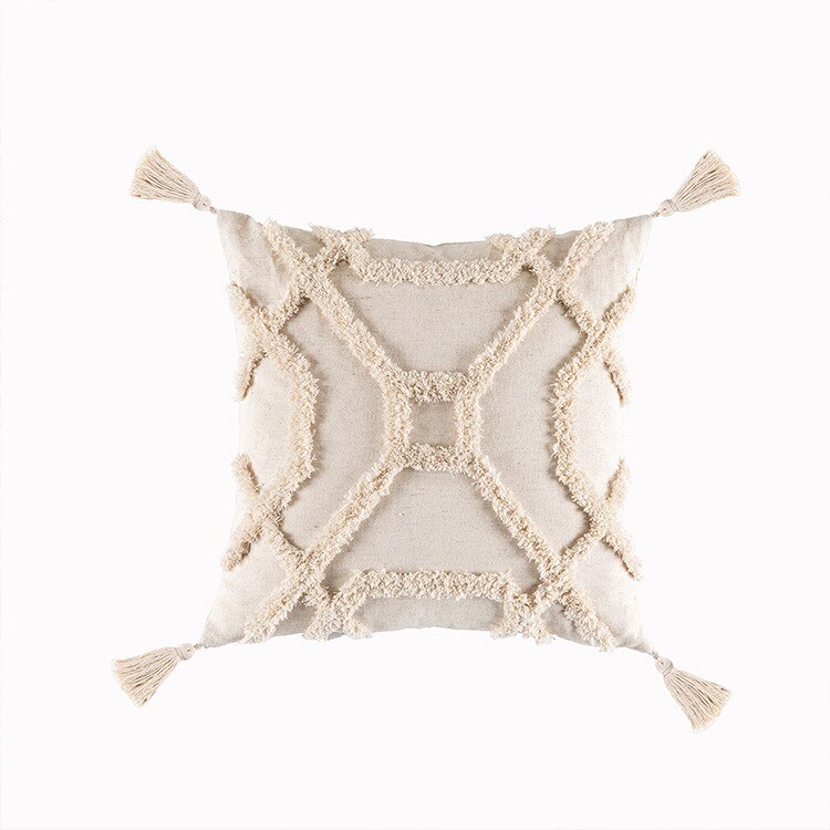 Beige and White Tassel Macrame Cushion Cover 45x45cm