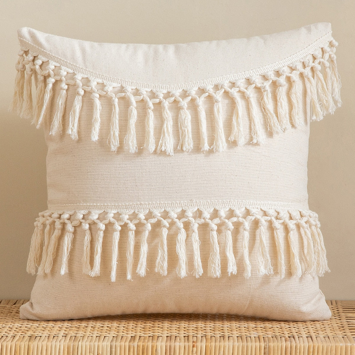 Beige and White Tassel Macrame Cushion Cover 45x45cm