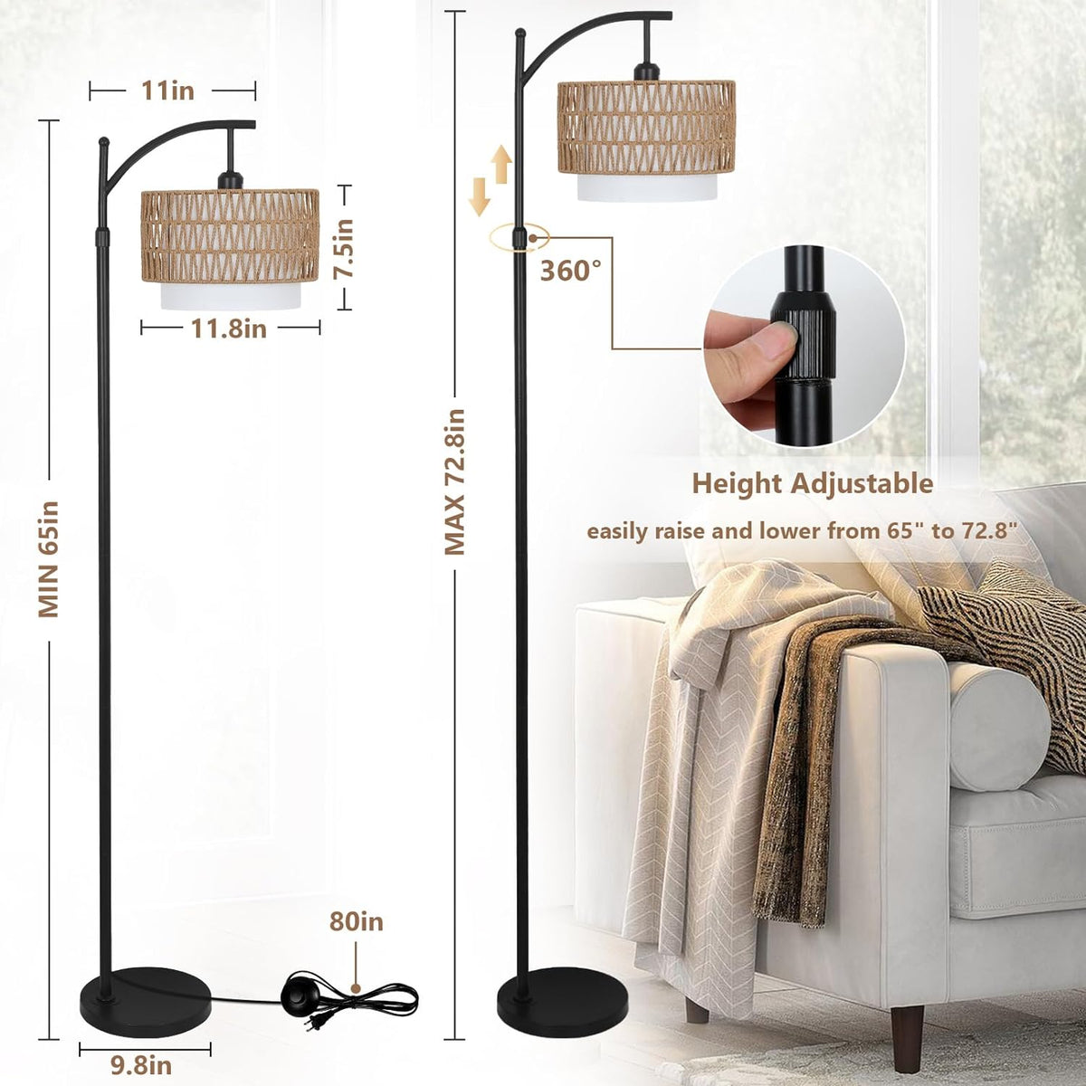 Farmhouse Arc Floor Lamp with Remote and Dimmable Bulb