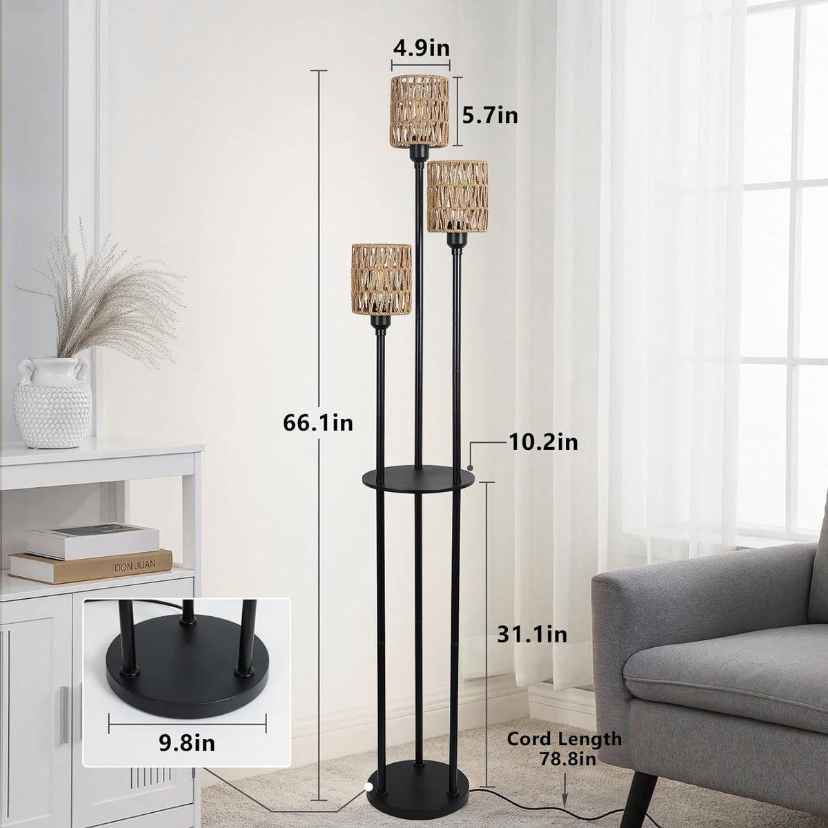 Boho Farmhouse Floor Lamp with Shelves and Rattan Shades