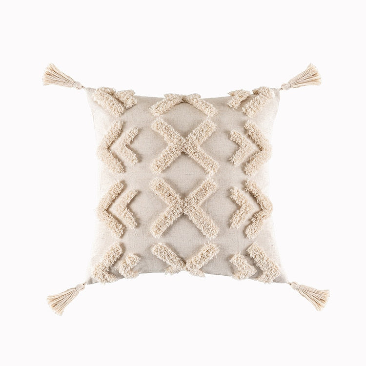 Beige and White Tassel Macrame Cushion Cover 45x45cm
