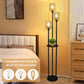 Boho Farmhouse Floor Lamp with Shelves and Rattan Shades