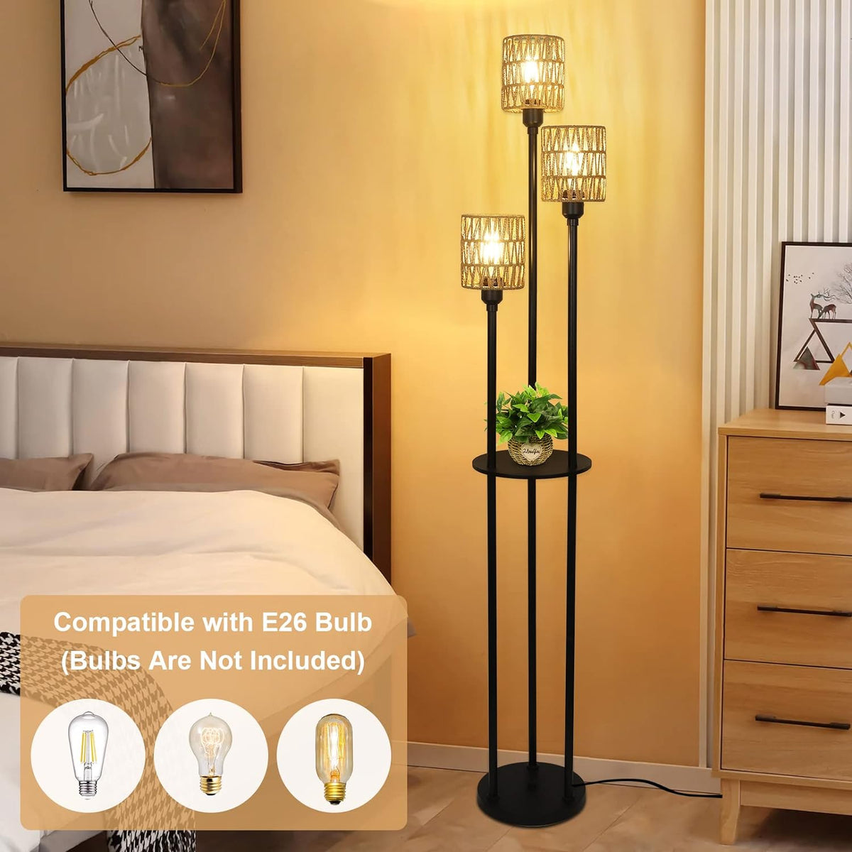 Boho Farmhouse Floor Lamp with Shelves and Rattan Shades