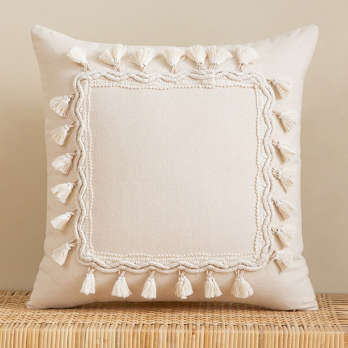 Beige and White Tassel Macrame Cushion Cover 45x45cm