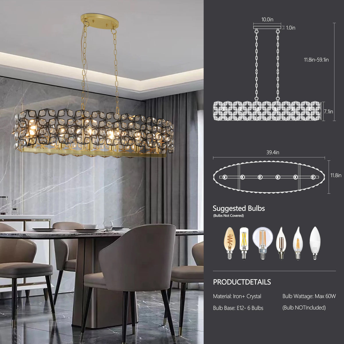 Champagne Gold Oval Crystal Ceiling Chandelier