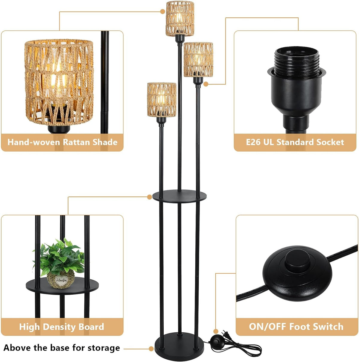 Boho Farmhouse Floor Lamp with Shelves and Rattan Shades