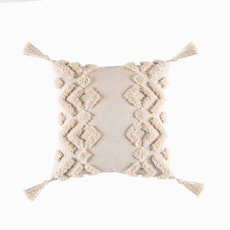 Beige and White Tassel Macrame Cushion Cover 45x45cm