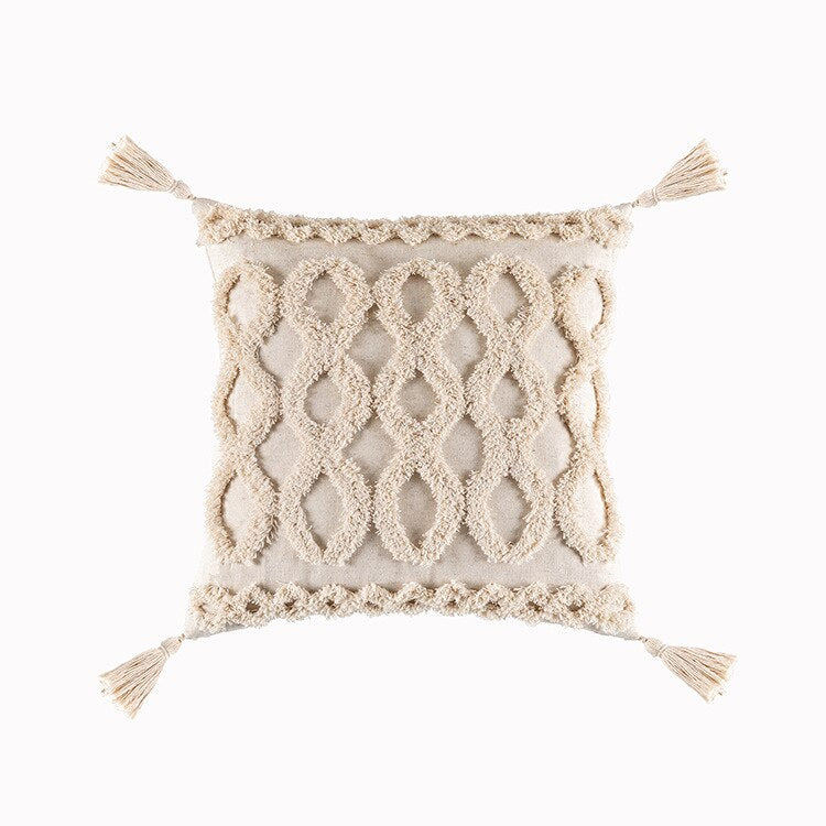 Beige and White Tassel Macrame Cushion Cover 45x45cm