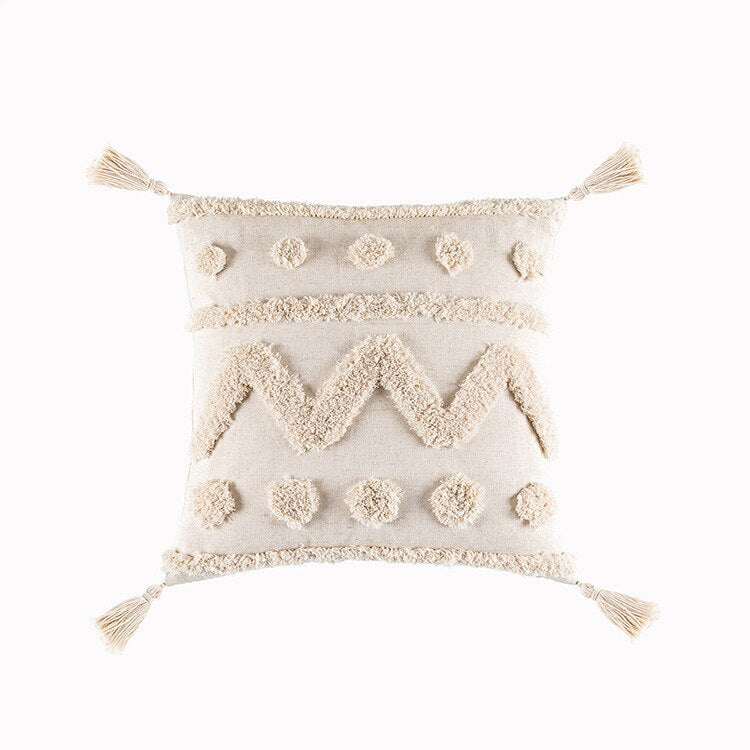 Beige and White Tassel Macrame Cushion Cover 45x45cm