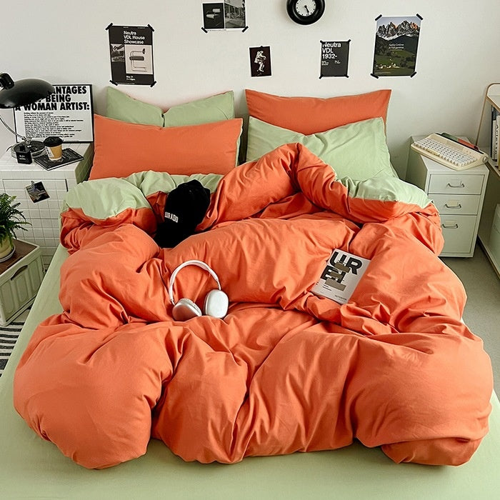 Washed Cotton Solid Color Four Piece Bedding Set