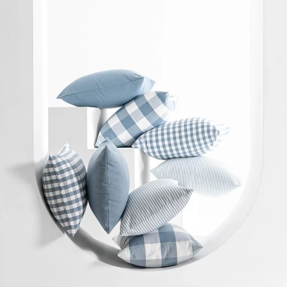 Light Blue Plaid Decorative Pillow Cover