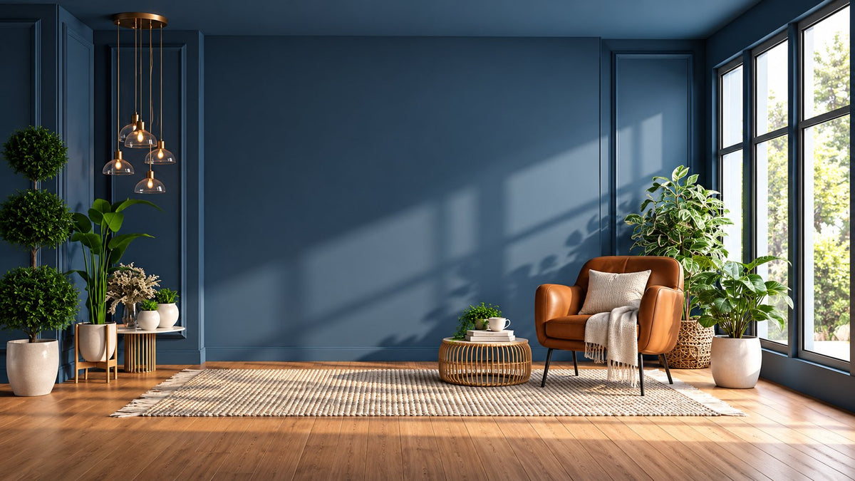 Blue living room with leather armchair, pendant lights, and plants