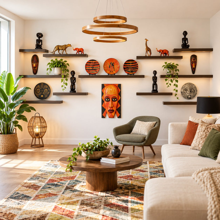 Living room with decorative wall shelves, sculptures, plants, and artwork