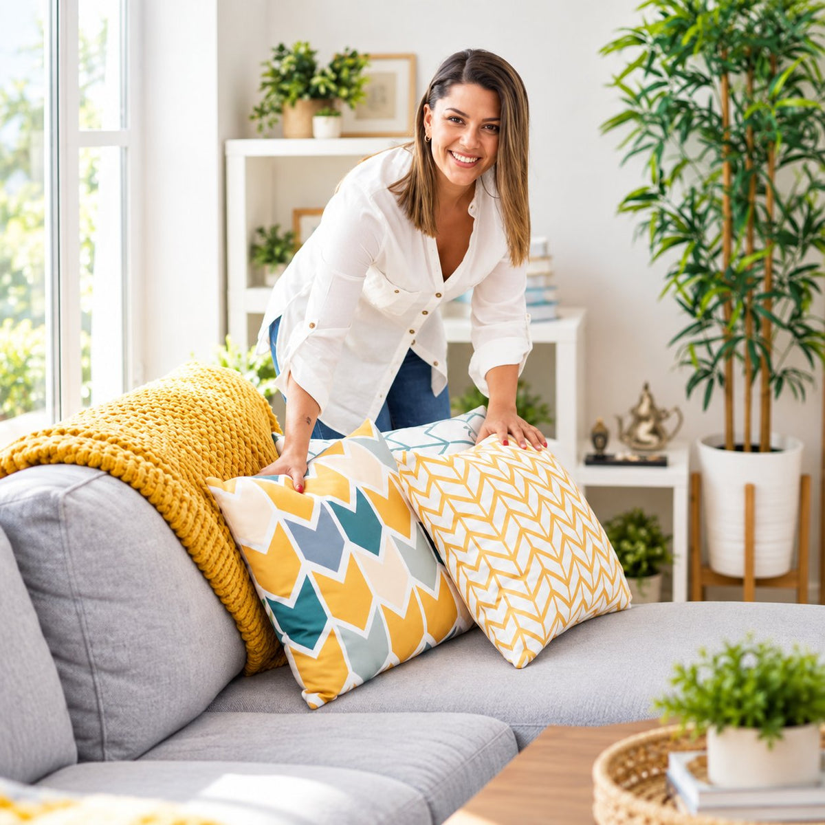 Woman arranging patterned cushions beside yellow throw on gray sofa