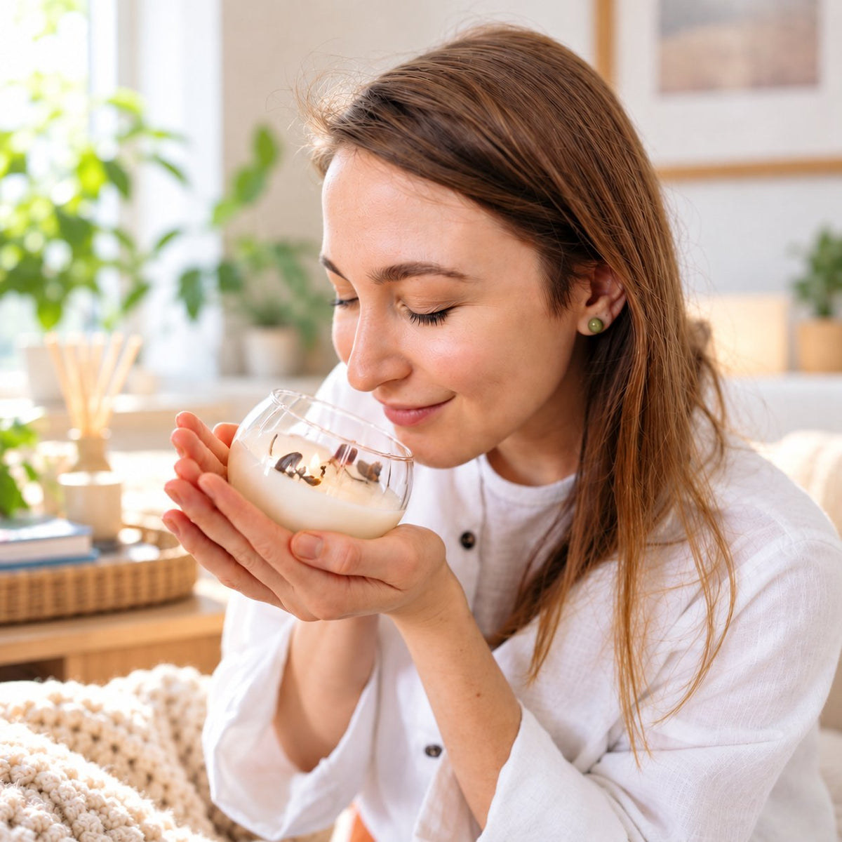 Woman smelling a glass jar candle in a bright room