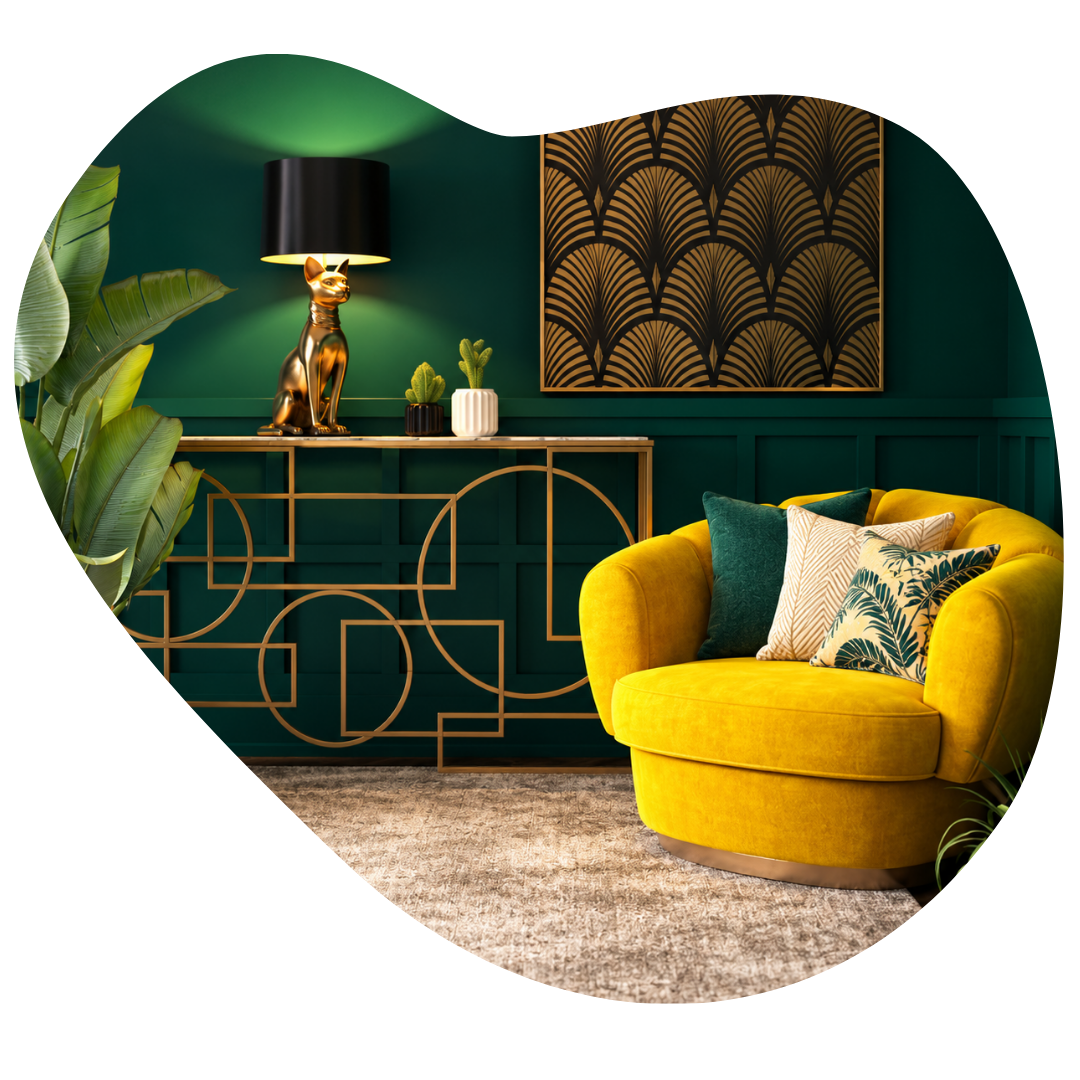Yellow armchair with patterned cushions beside gold console and lamp